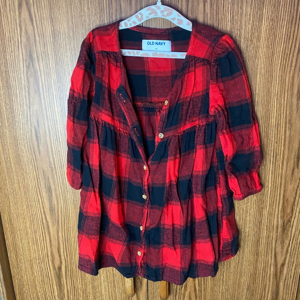 Old Navy Plaid Tunic Top Kids 3T Red Black Buffalo Check Babydoll Button Front